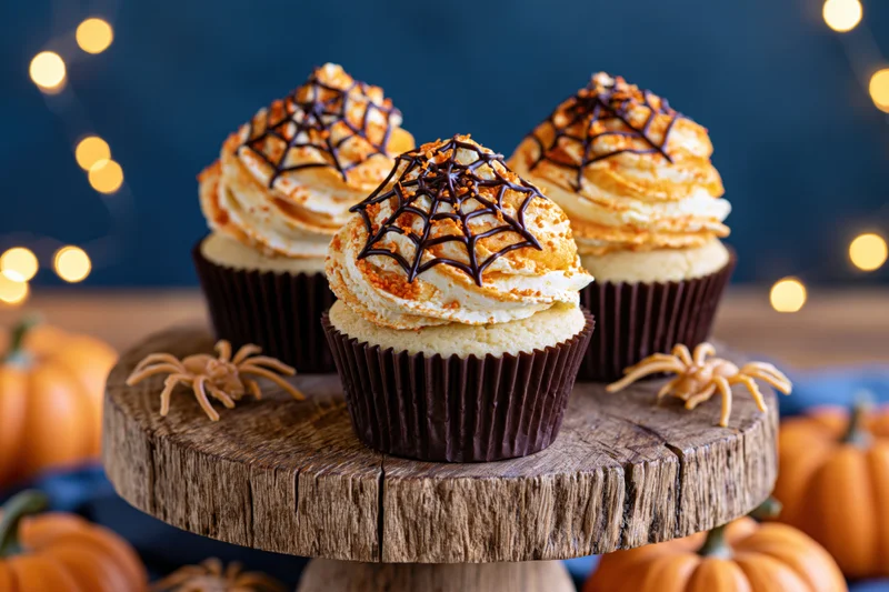 Three halloween cupcakes with chocolate spiderweb frosting on a wooden stand surrounded by pumpkins and decorative spiders