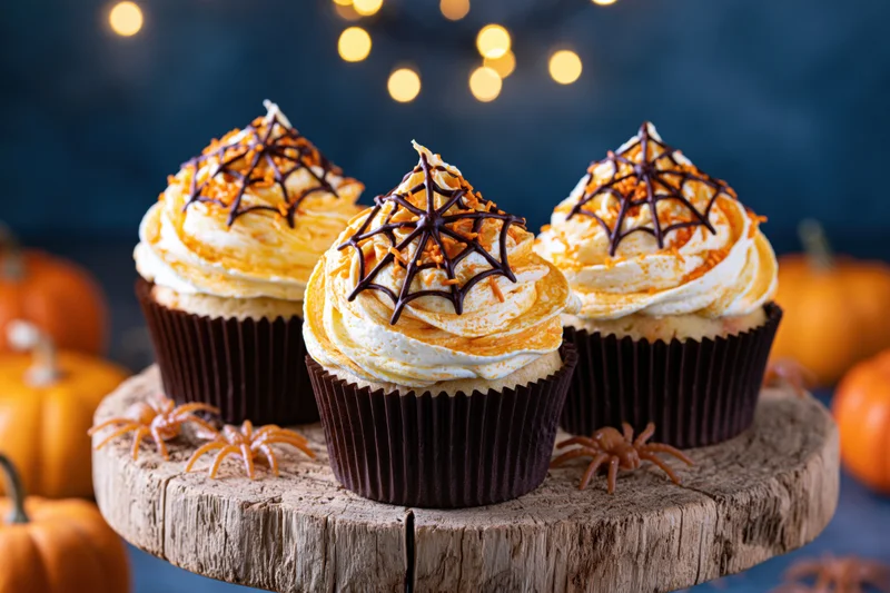 Three halloween cupcakes with orange and white frosting and chocolate spiderwebs on a wooden platter surrounded by pumpkins and decorative spiders