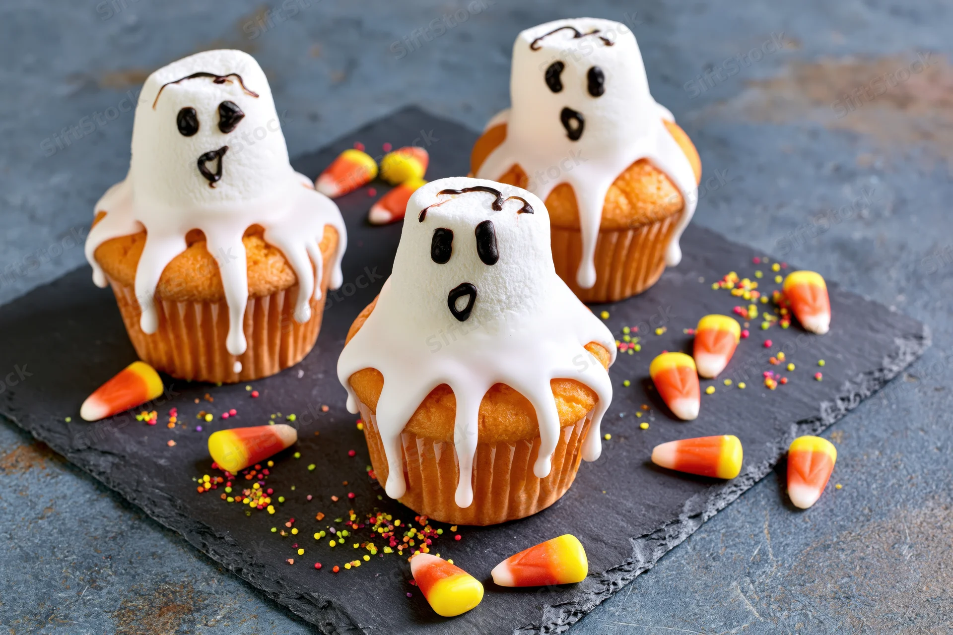 Three ghost-themed cupcakes with white frosting and candy corn on a dark slate surface