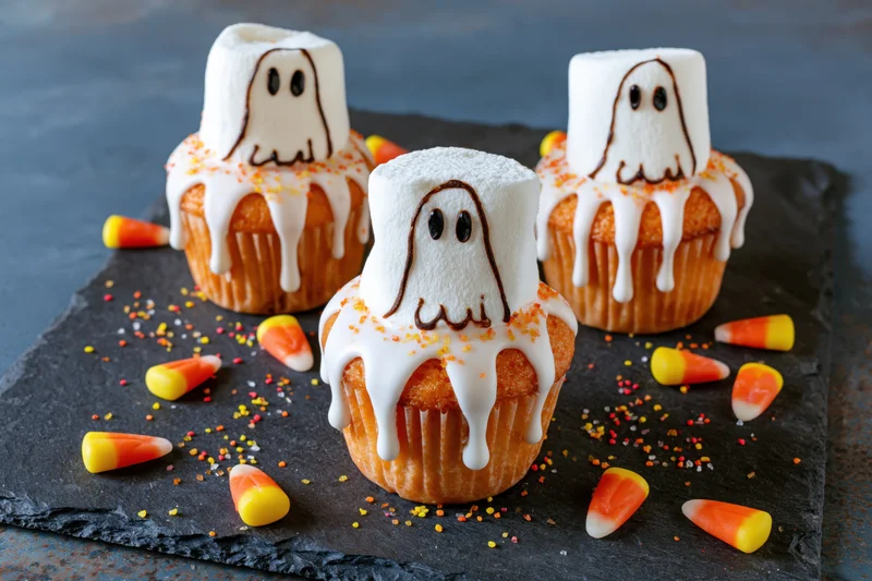 Three halloween ghost cupcakes with marshmallow ghosts and candy corn on dark slate surface