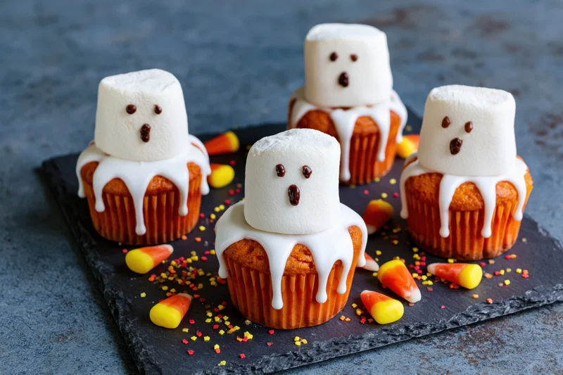 Ghost-themed cupcakes with marshmallow heads and white frosting on a dark slate tray surrounded by candy corn and sprinkles