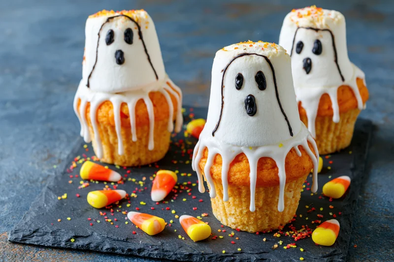 Three halloween ghost cupcakes with white frosting and candy corn on dark slate surface