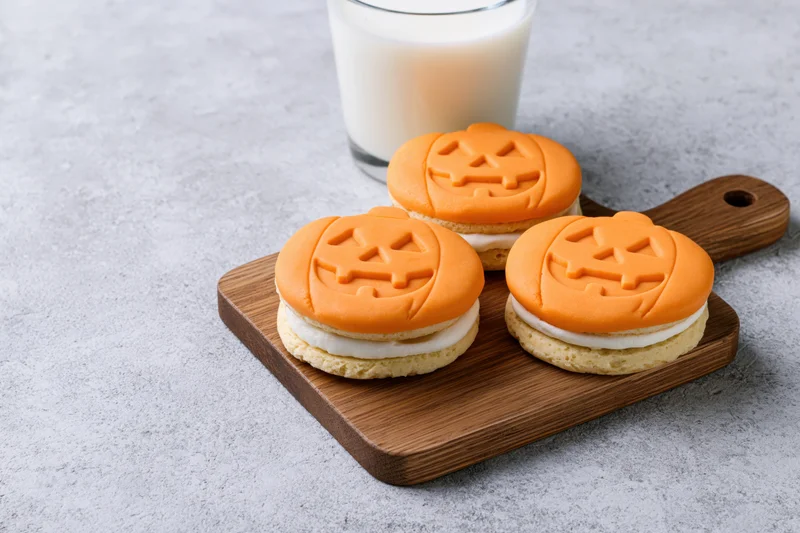 Three halloween jack-o-lantern sandwich cookies with orange frosting and white filling on a wooden cutting board beside a glass of milk