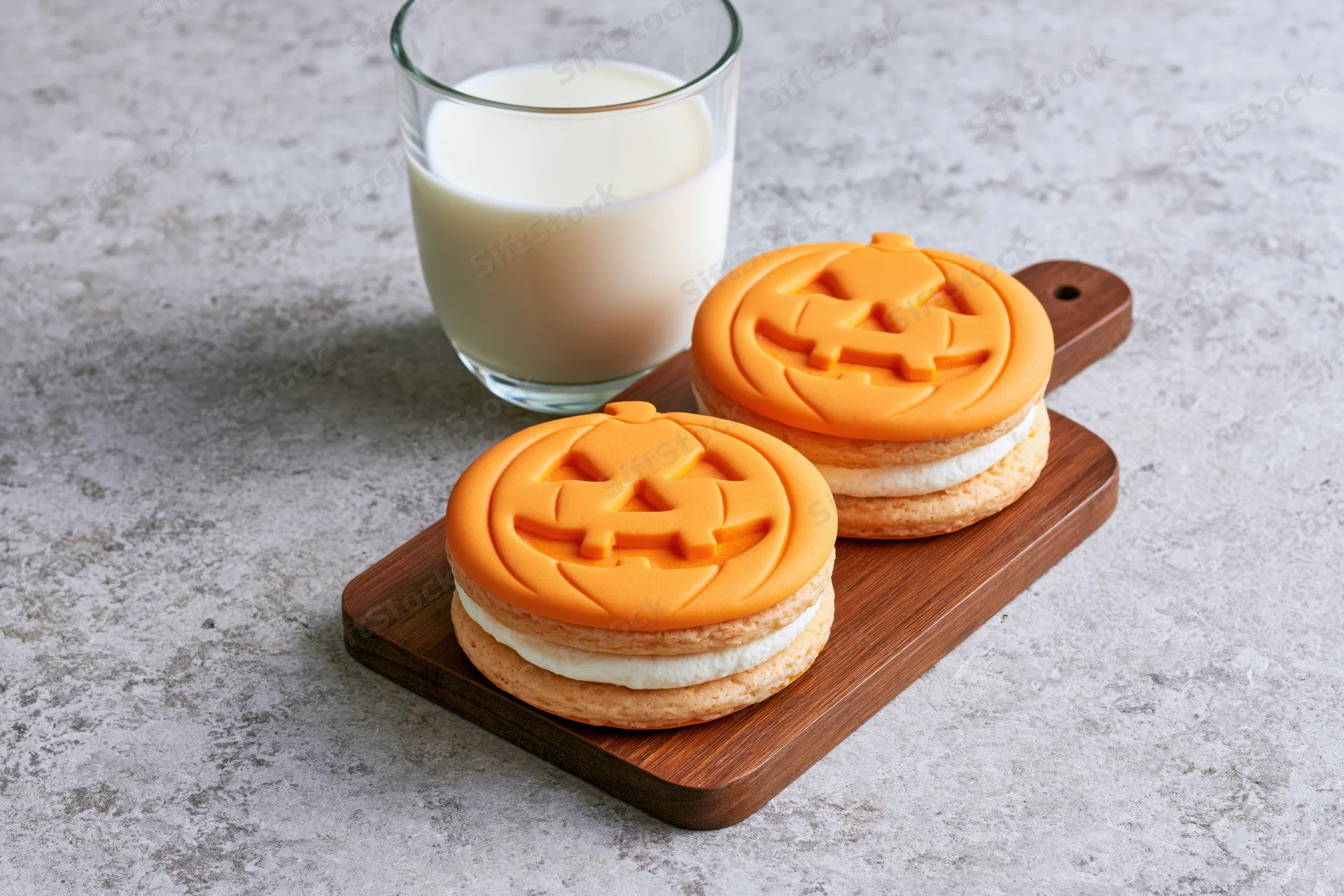 Two jack-o-lantern sandwich cookies with orange icing and cream filling on a wooden cutting board beside a glass of milk