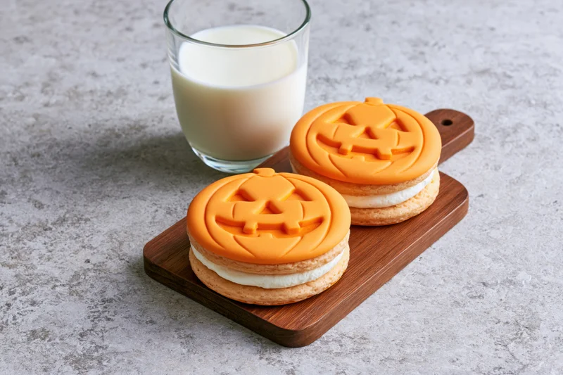 Two jack-o-lantern sandwich cookies with orange icing and cream filling on a wooden cutting board beside a glass of milk
