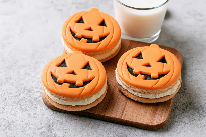 Three halloween jack-o-lantern sandwich cookies with orange frosting and cream filling on a wooden board beside a glass of milk