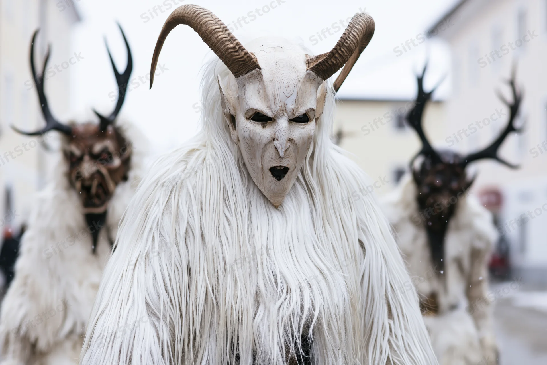 Krampus performers in traditional masks and fur costumes marching in a winter street parade
