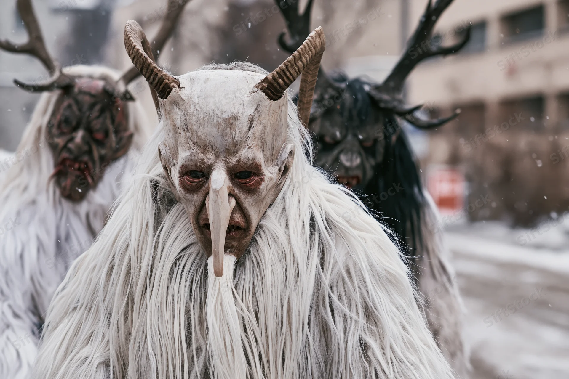 Three krampus performers in traditional alpine costumes with horned masks and fur coats standing in snowy urban setting