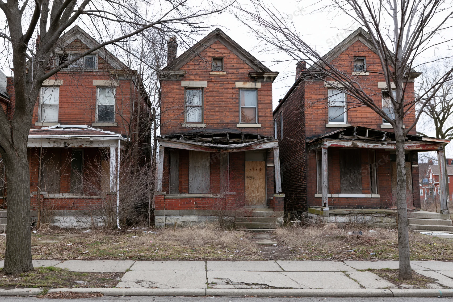 Three abandoned brick row houses with boarded windows and damaged porches on a quiet urban street