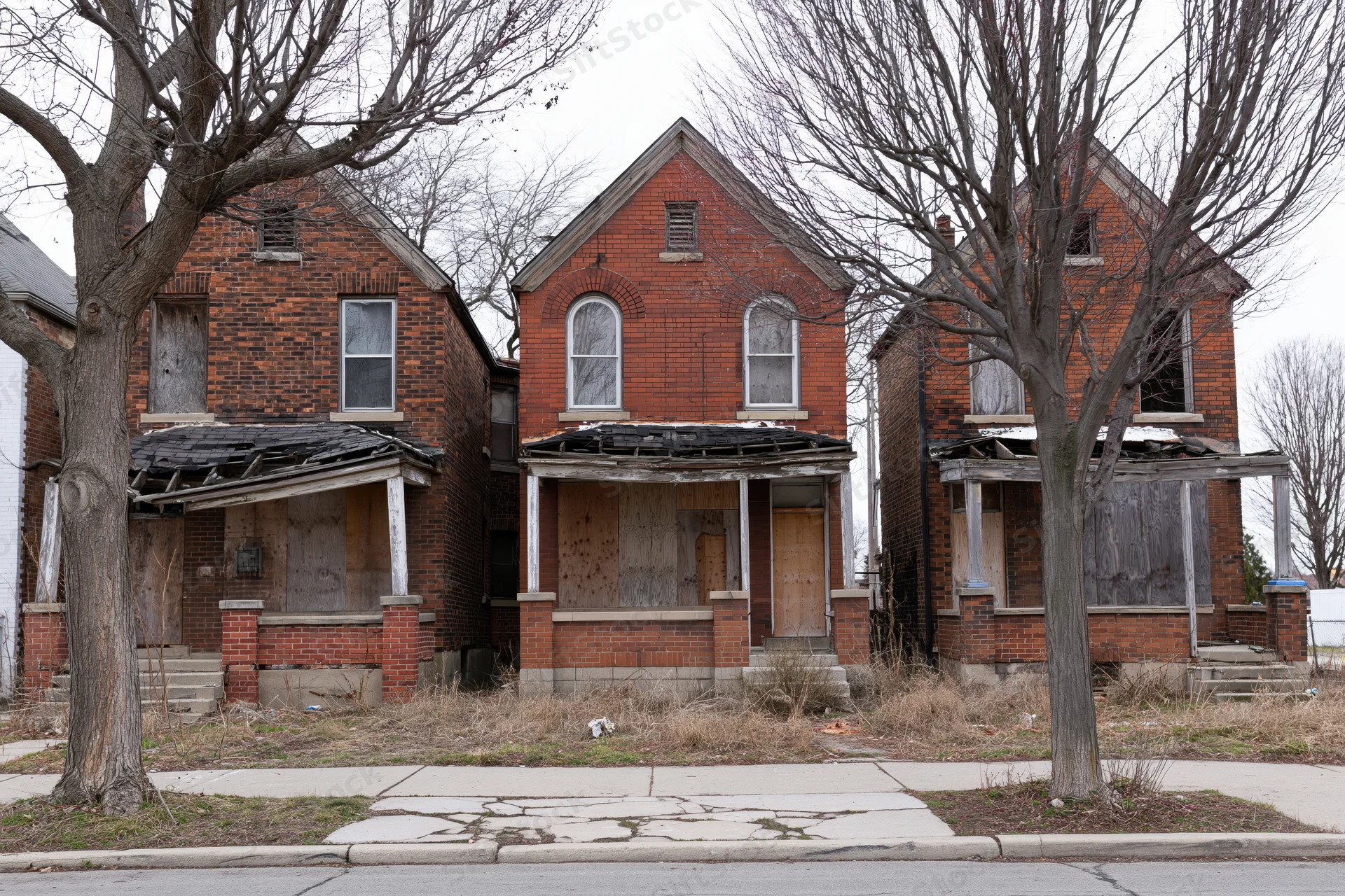 Three abandoned brick row houses with boarded windows and damaged roofs on a quiet urban street