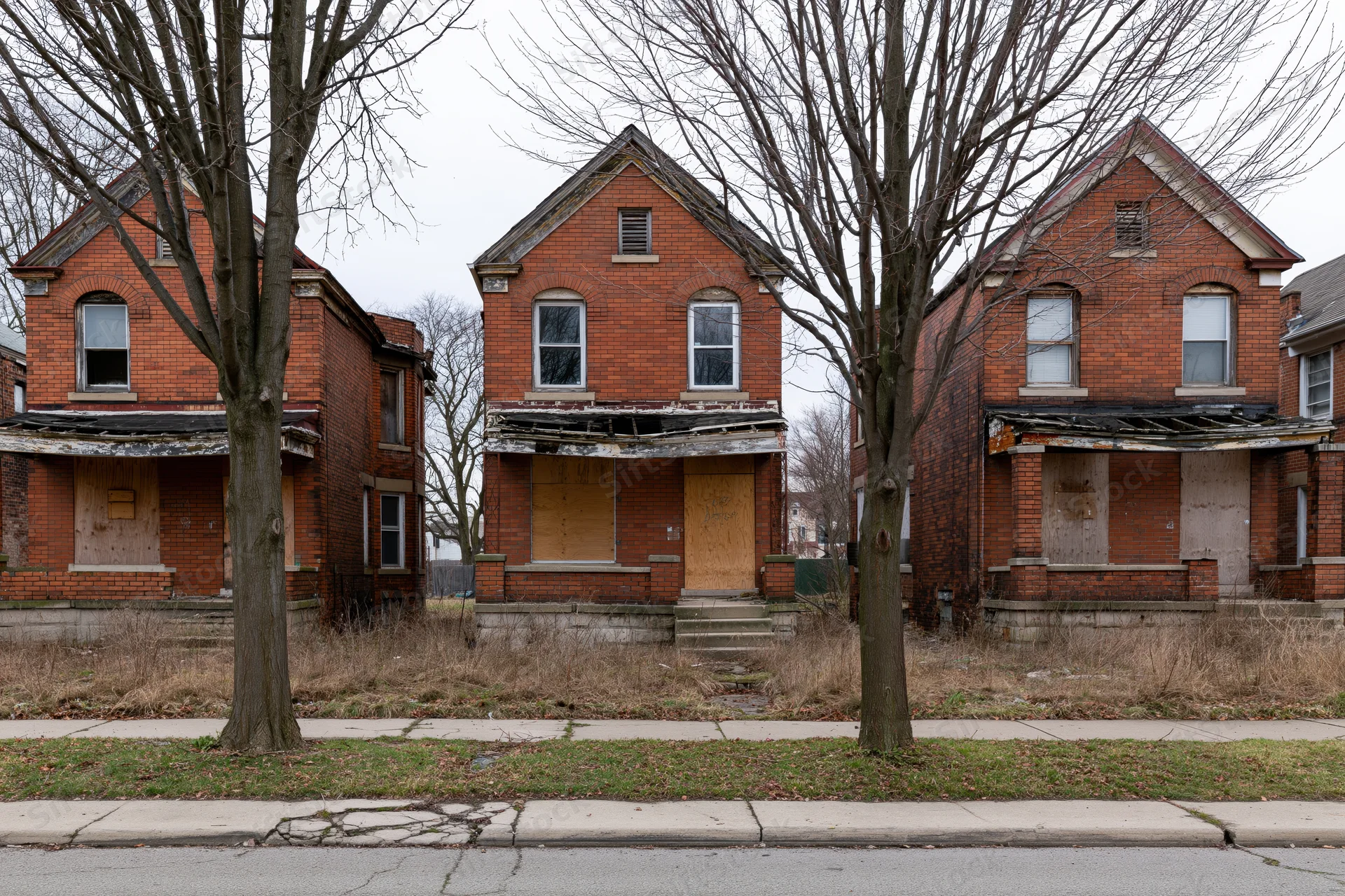 Three abandoned brick row houses with boarded windows and doors on a quiet urban street
