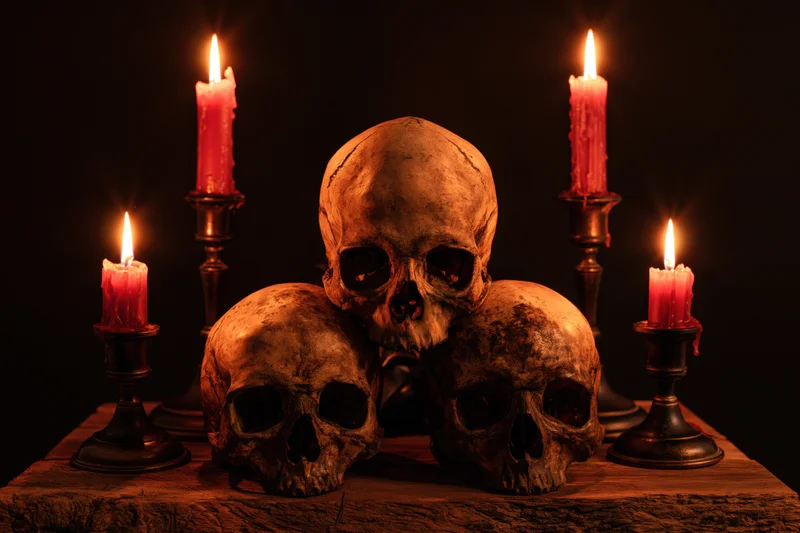 Three aged human skulls arranged in a pyramid on a wooden table surrounded by lit red candles