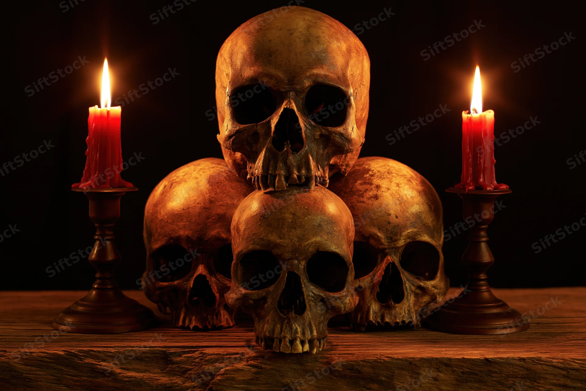 Four aged human skulls arranged in pyramid formation on wooden table flanked by lit red candles in candlesticks against dark background