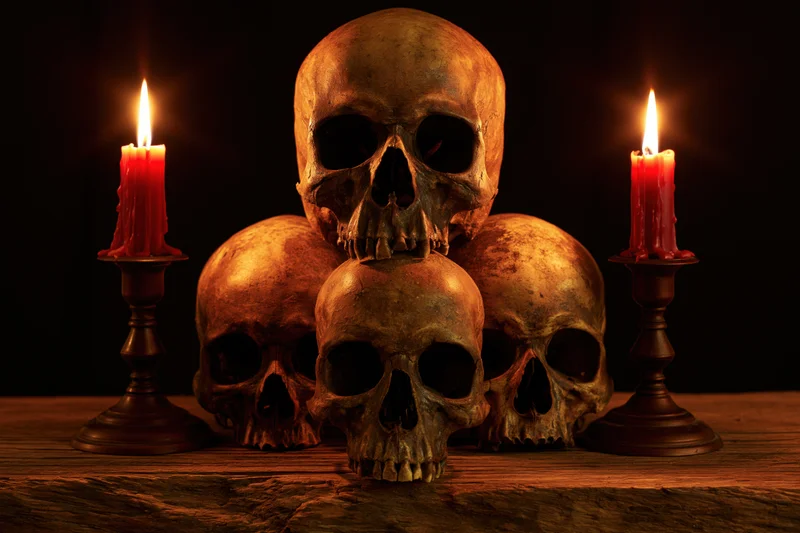 Four aged human skulls arranged in pyramid formation on wooden table flanked by lit red candles in candlesticks against dark background