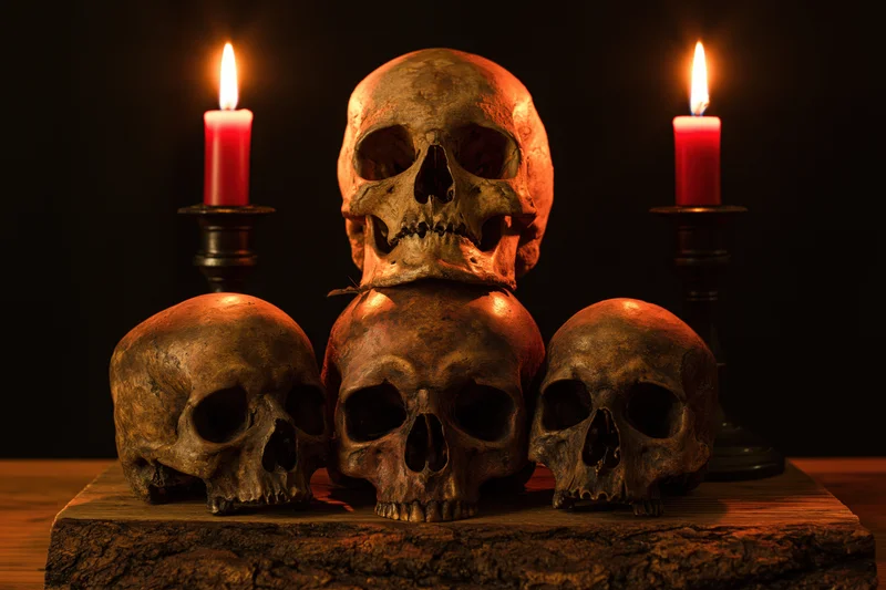 Four aged human skulls arranged in pyramid on wooden base with lit red candles on dark background