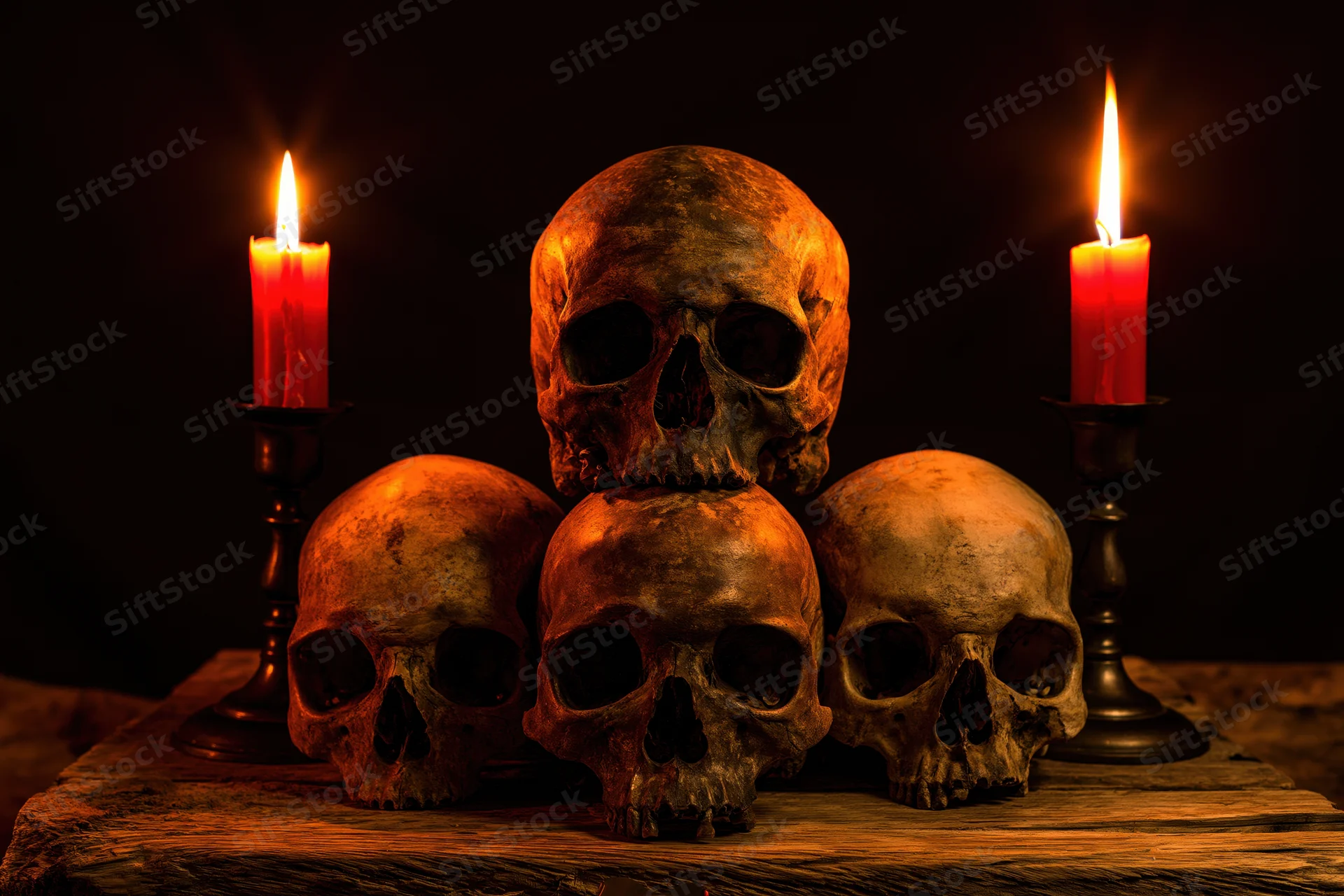 Four aged human skulls arranged in pyramid formation on wooden table flanked by lit red candles