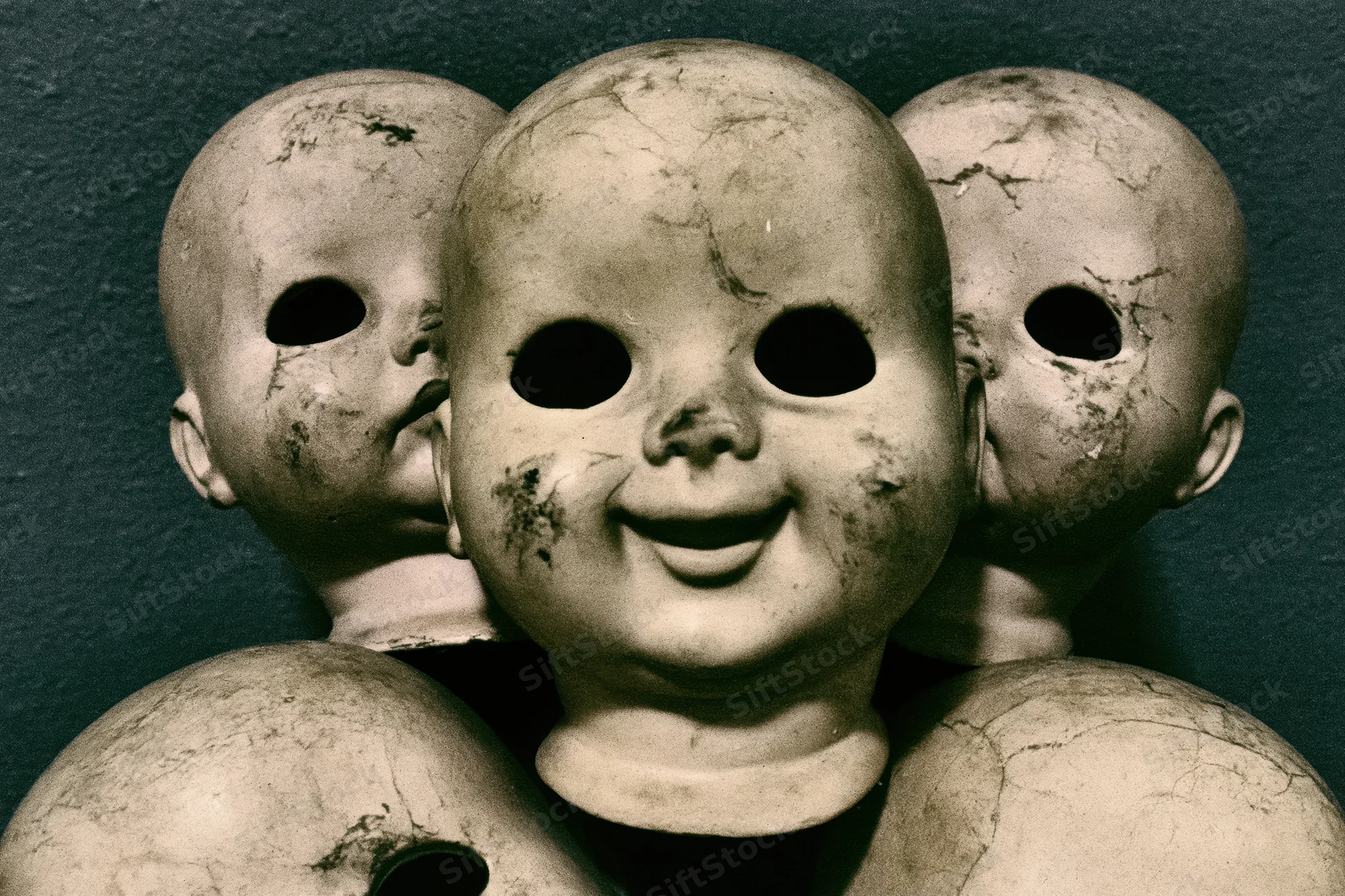 Three antique bald baby doll heads clustered together with cracked porcelain faces and hollow eyes against a dark background