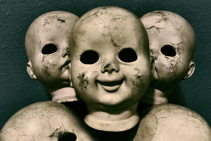 Three antique bald baby doll heads clustered together with cracked porcelain faces and hollow eyes against a dark background