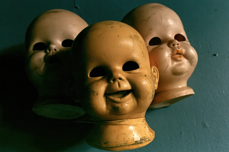 Three antique bald baby doll heads clustered together against a dark blue wall