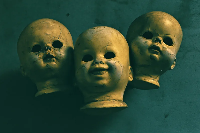 Three antique bald baby doll heads clustered together on a dark textured surface