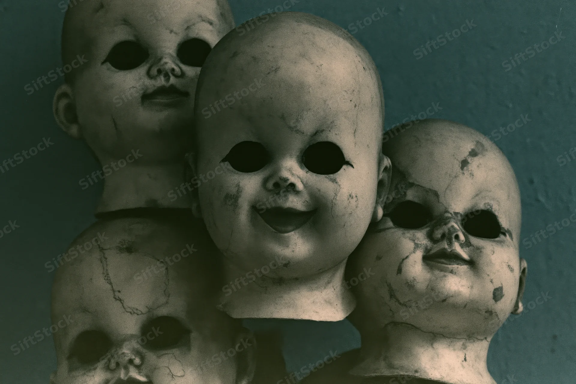 Antique baby doll heads clustered together with cracked porcelain faces against a dark background