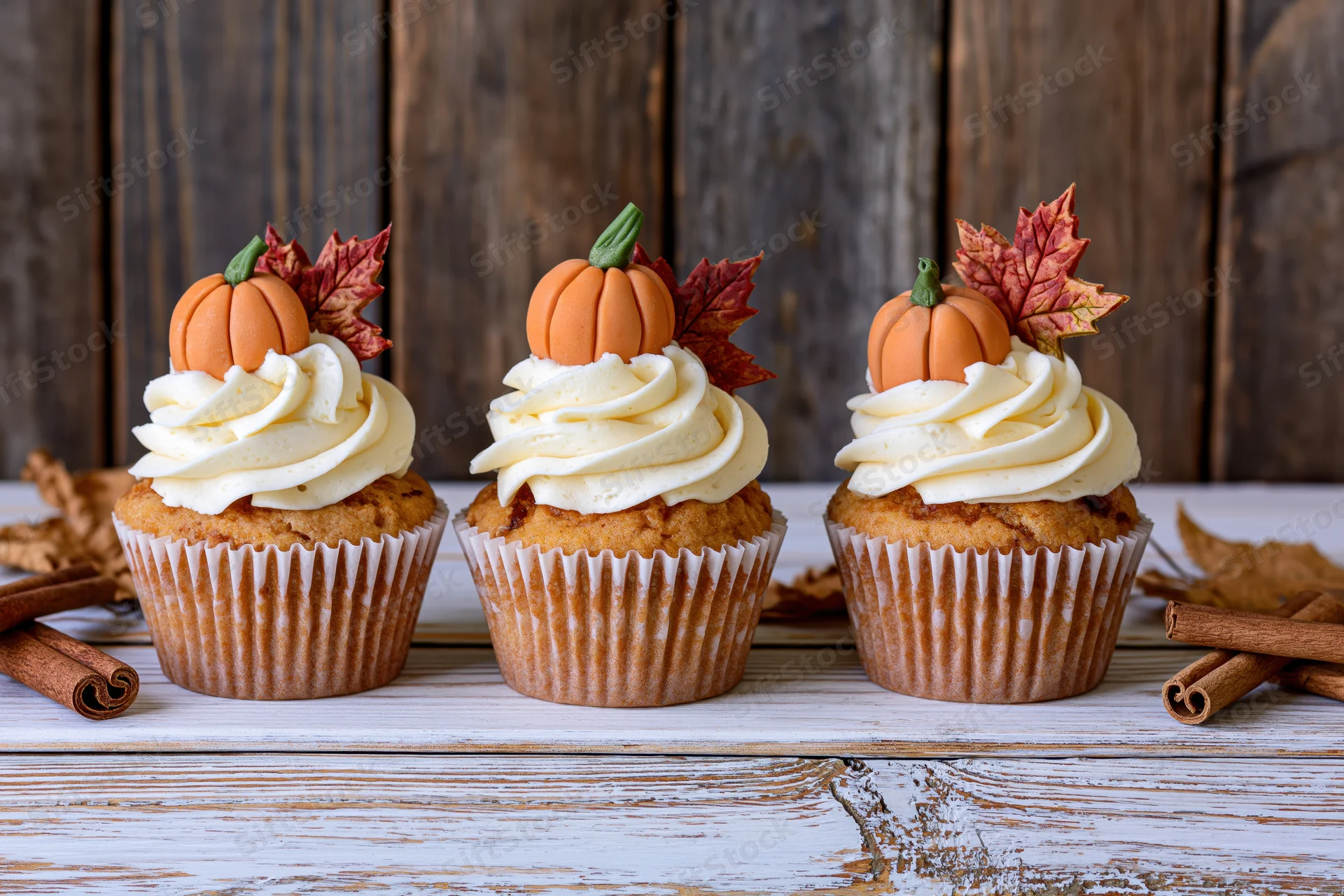Three pumpkin-decorated cupcakes with white frosting and autumn leaves on a whitewashed wooden table