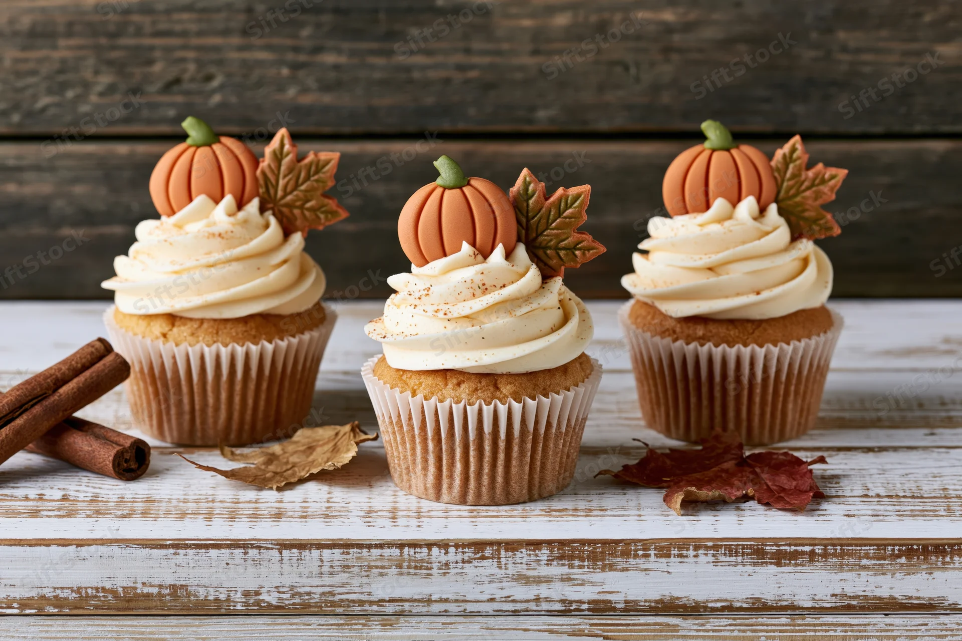 Three autumn-themed cupcakes with pumpkin and leaf decorations on a whitewashed wooden table
