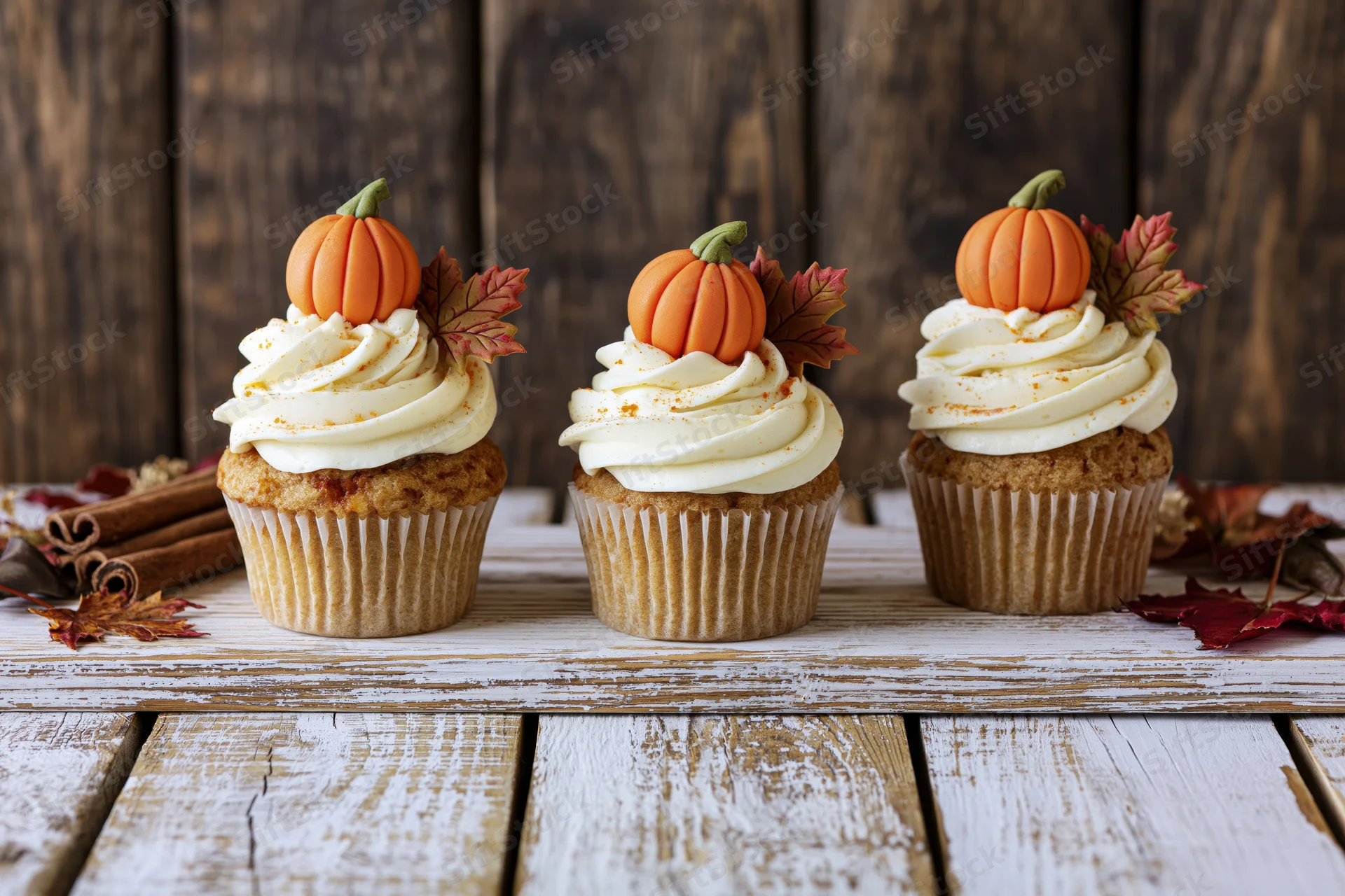 Three autumn-themed cupcakes with pumpkin and leaf decorations on a whitewashed wooden table