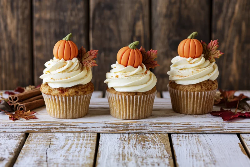 Three autumn-themed cupcakes with pumpkin and leaf decorations on a whitewashed wooden table