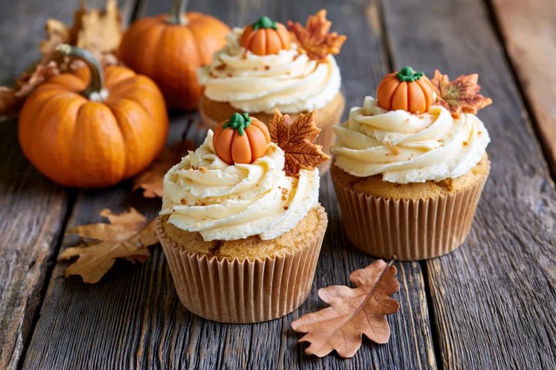 Three pumpkin cupcakes with cream cheese frosting and leaf decorations on a wooden table