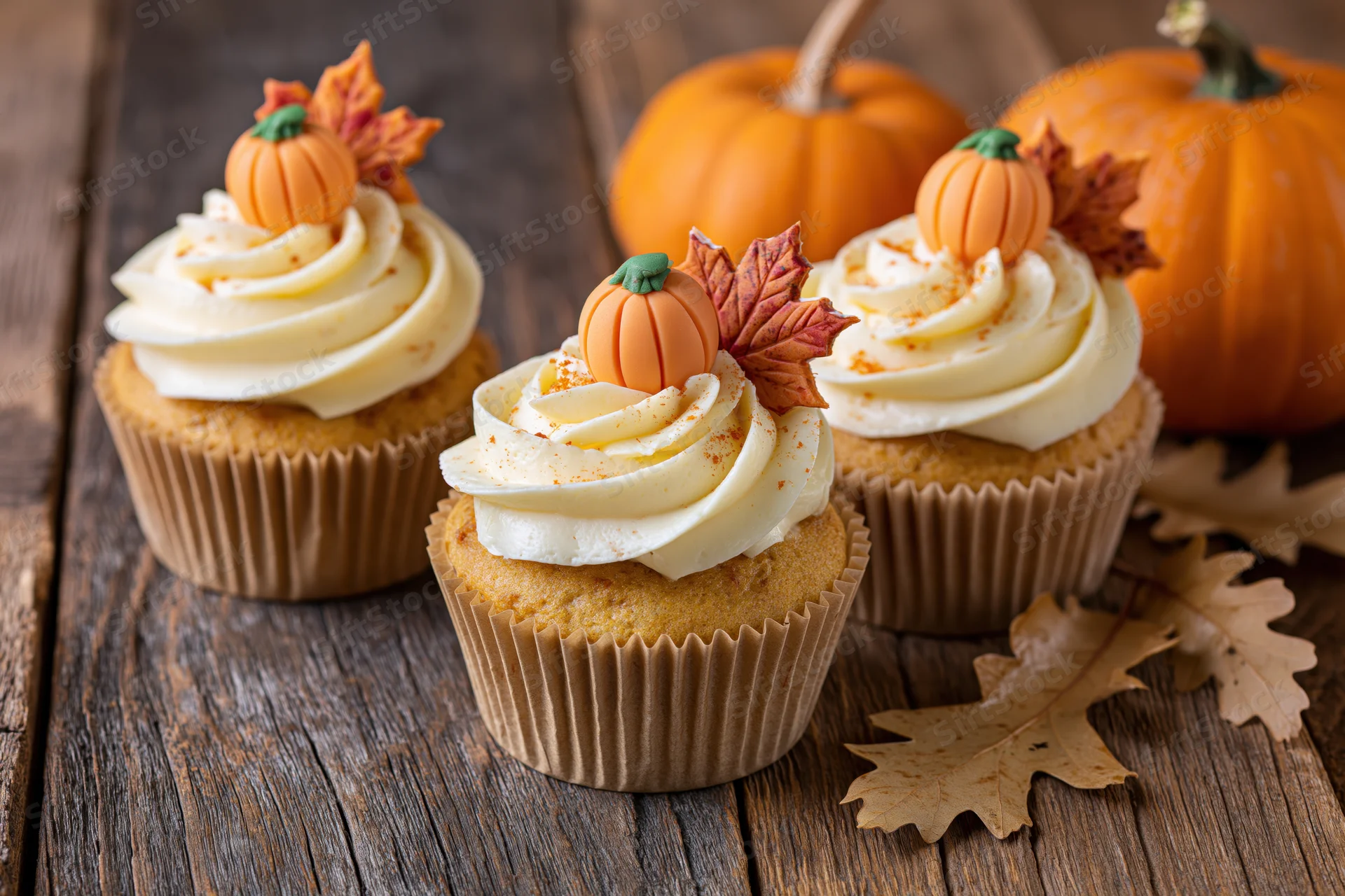 Three pumpkin cupcakes with cream cheese frosting and autumn leaf decorations on a wooden table