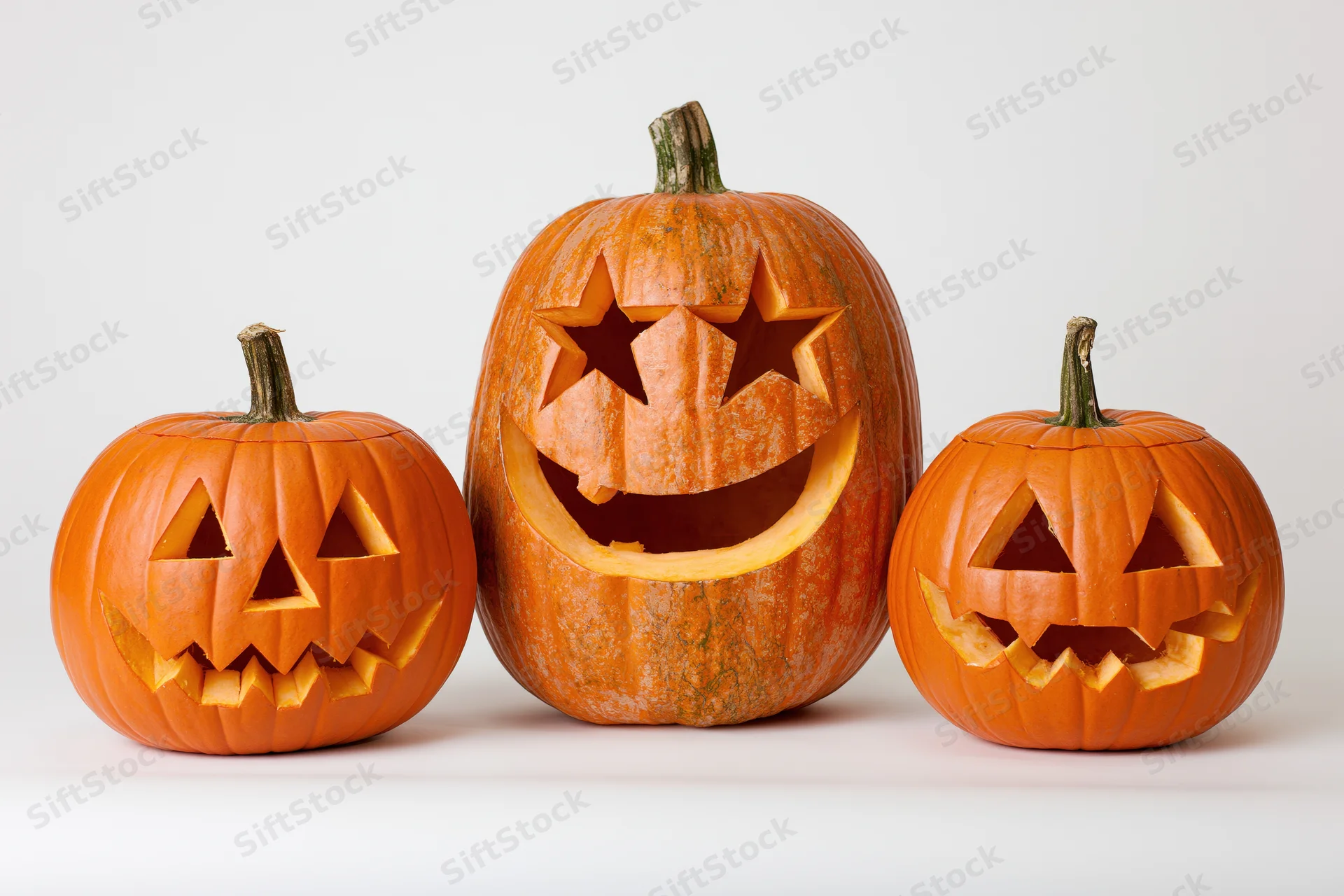 Three carved pumpkins arranged in a row on a white surface
