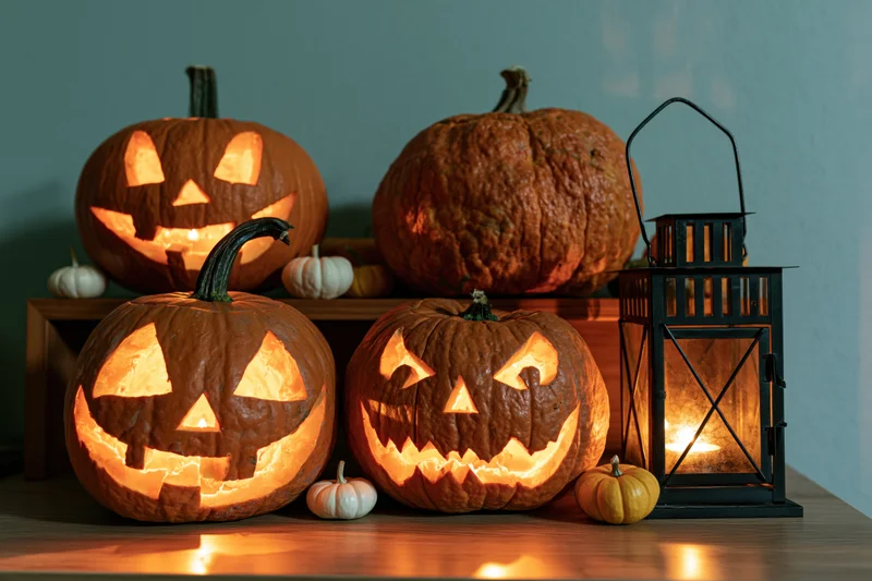 Three carved jack-o-lanterns glowing on a wooden table with a lantern beside them