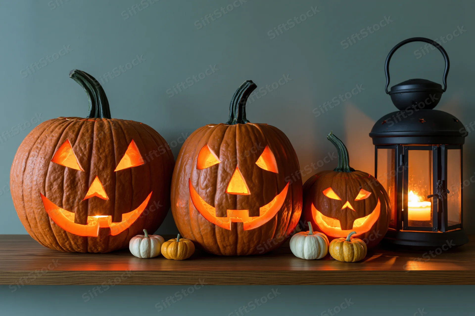 Three carved jack-o-lanterns glowing on a wooden shelf with a lantern beside them