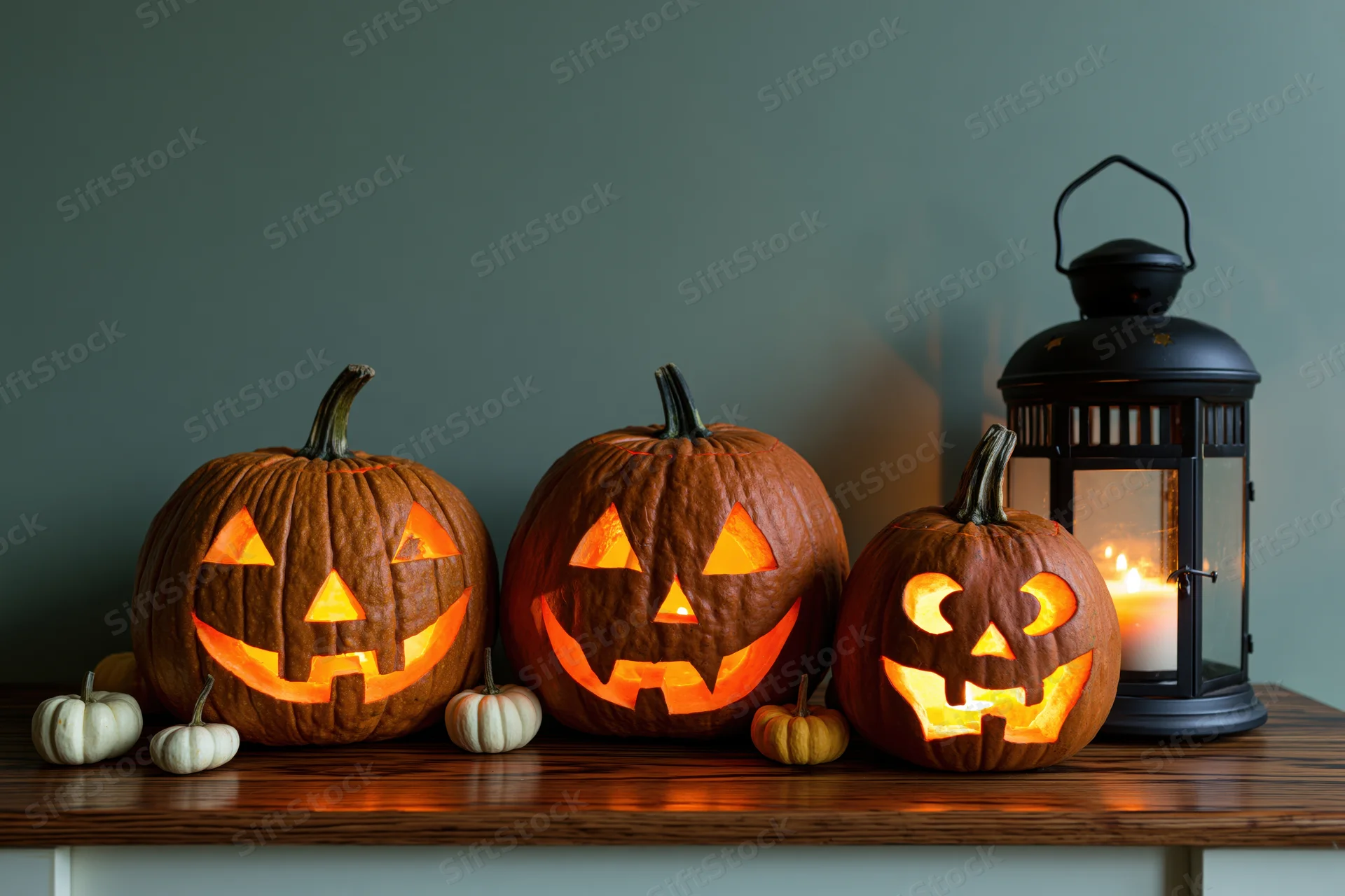 Three carved jack-o-lanterns glowing on a wooden table beside a lit lantern