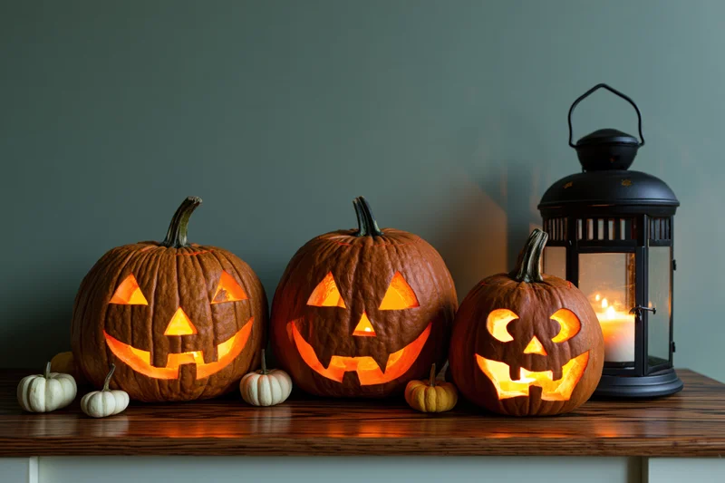 Three carved jack-o-lanterns glowing on a wooden table beside a lit lantern