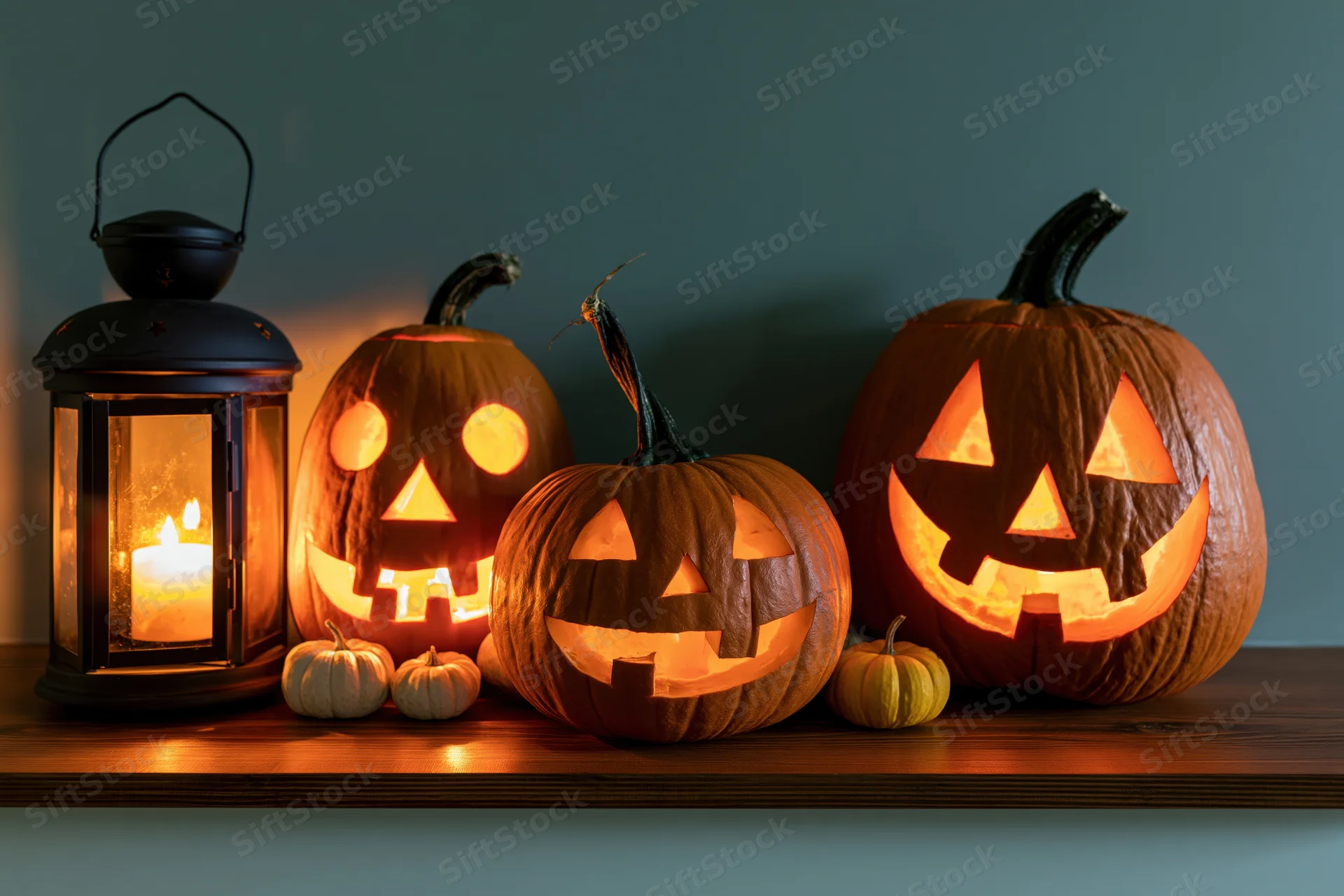 Three carved jack-o-lanterns glowing with candlelight on a wooden shelf