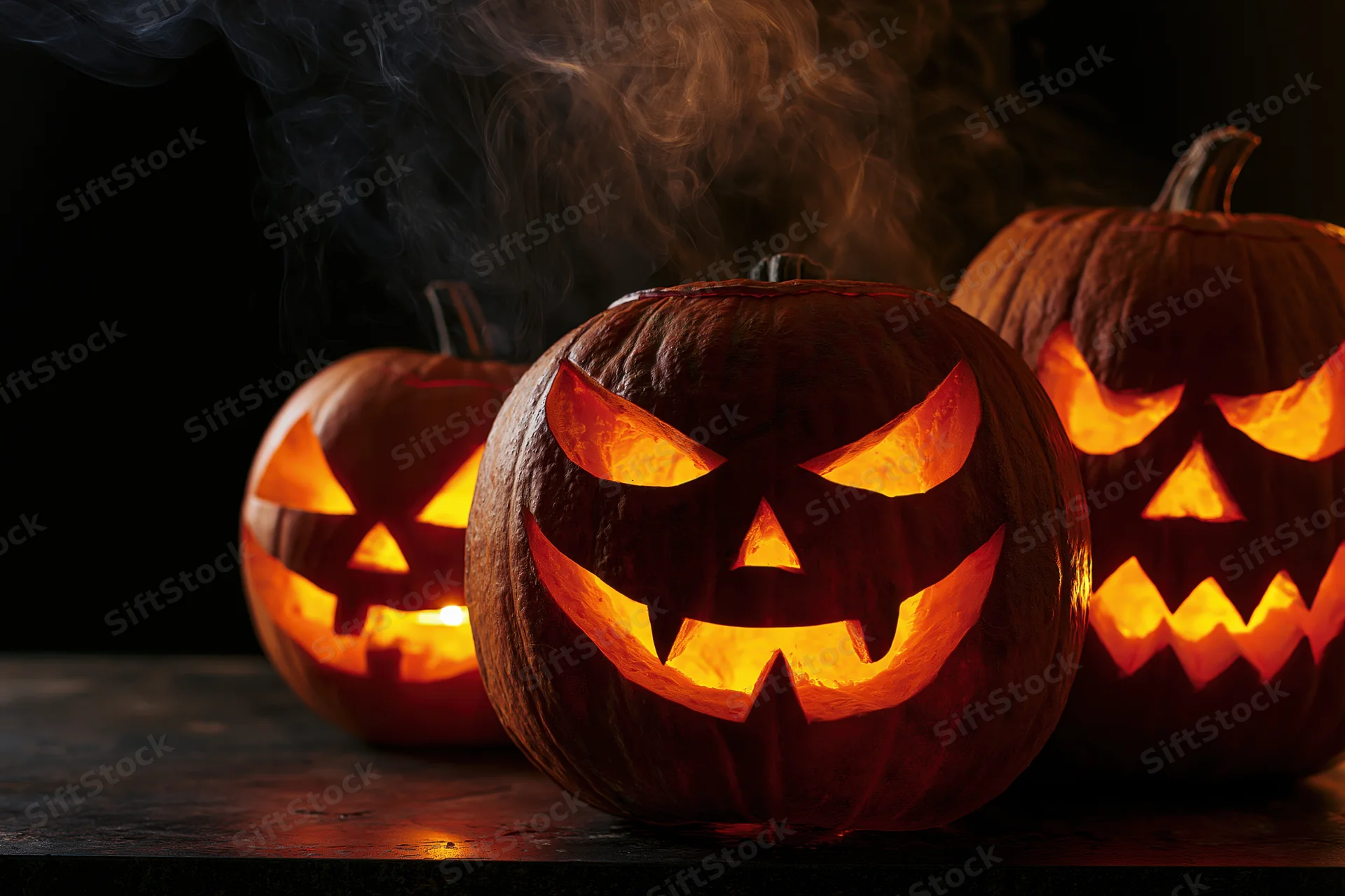 Three carved jack-o-lanterns glowing with orange light on a dark surface, emitting smoke