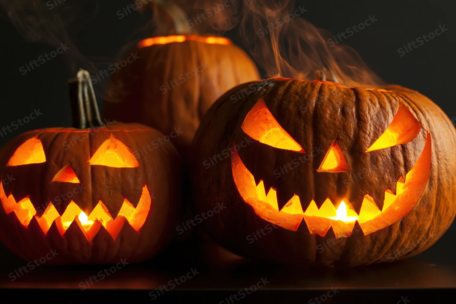 Three carved jack-o-lanterns glowing with candles and emitting smoke on a dark surface