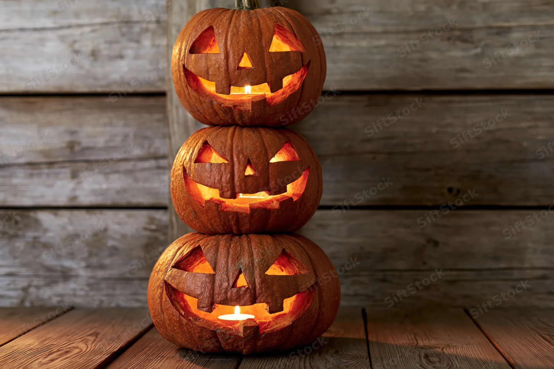 Three carved jack-o-lanterns stacked vertically on a wooden table with candles lit inside, against a rustic wooden wall