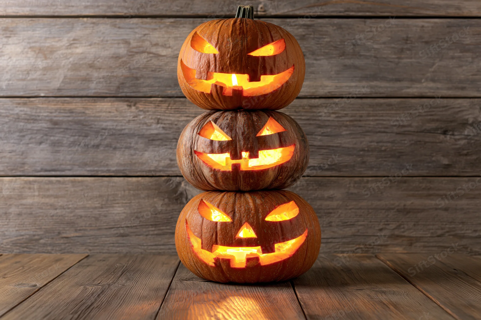 Three carved jack-o-lanterns stacked vertically on a wooden surface glowing with candlelight