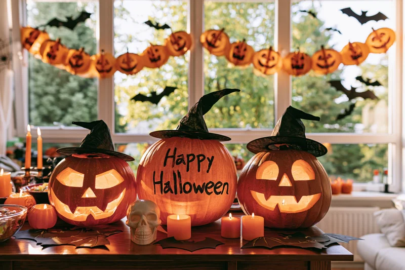 Three carved pumpkins with witch hats and candles on a table by a window decorated with halloween garlands