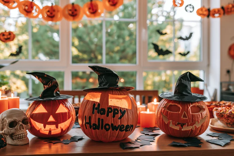 Three carved pumpkins wearing witch hats on a table with candles and decorations for halloween