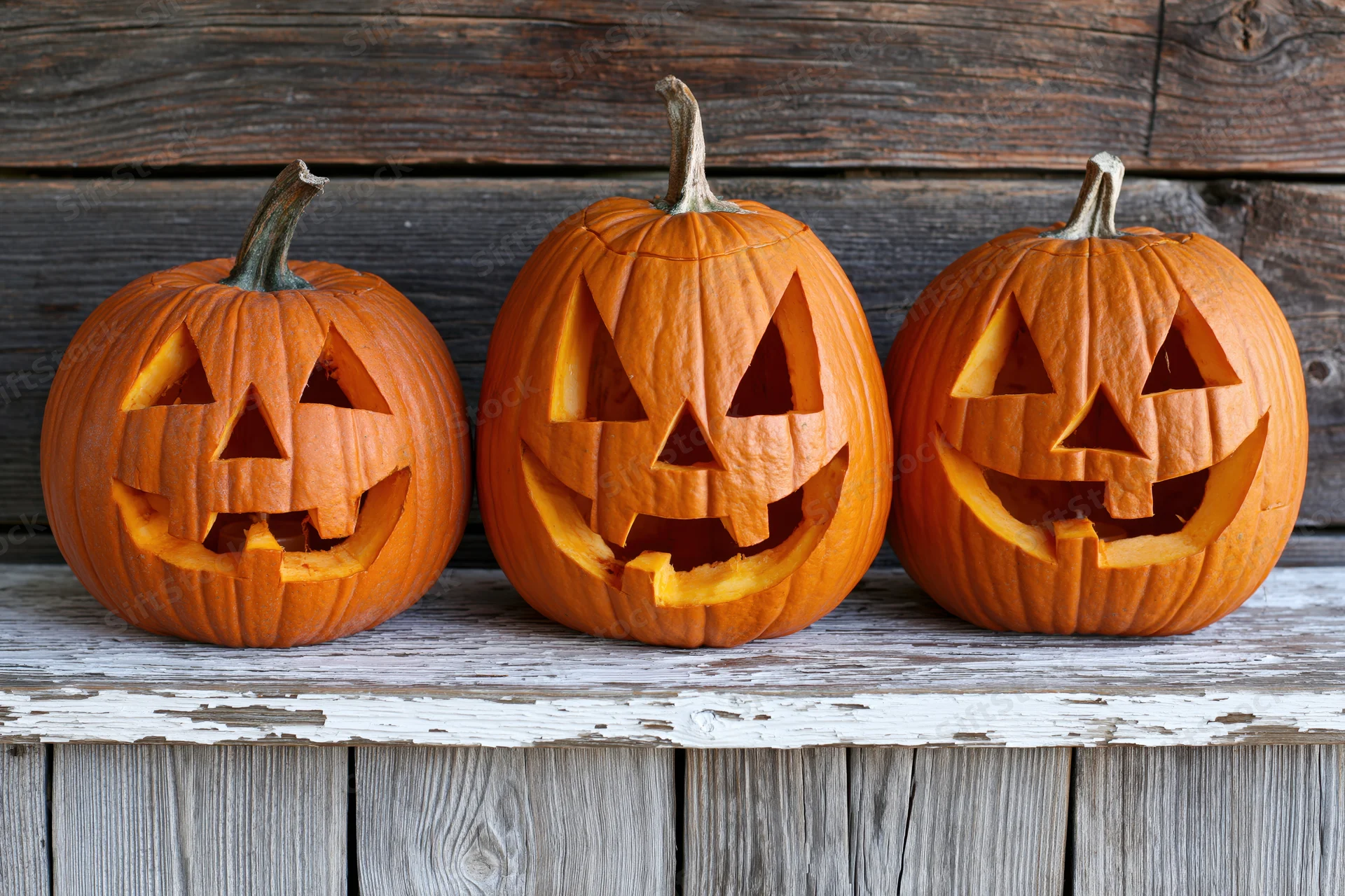 Three carved jack-o-lanterns with triangular eyes and grinning mouths arranged in a row on a weathered wooden shelf