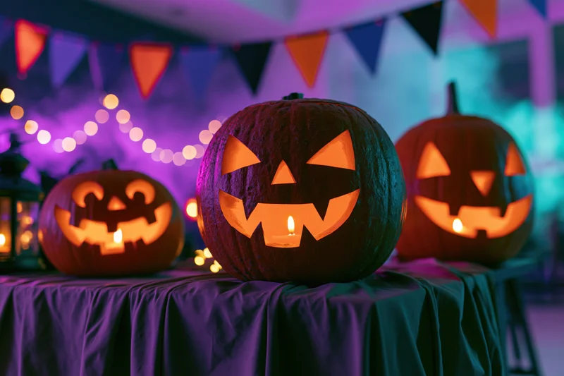 Three carved jack-o-lanterns glowing with candles on a table under colorful string lights and bunting