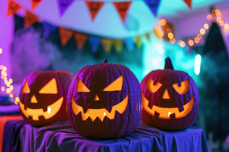 Three carved jack-o-lanterns glowing with candles on a table under colorful party lights