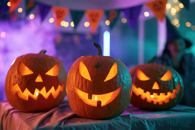 Three carved jack-o-lanterns glowing with candles on a table at a halloween party