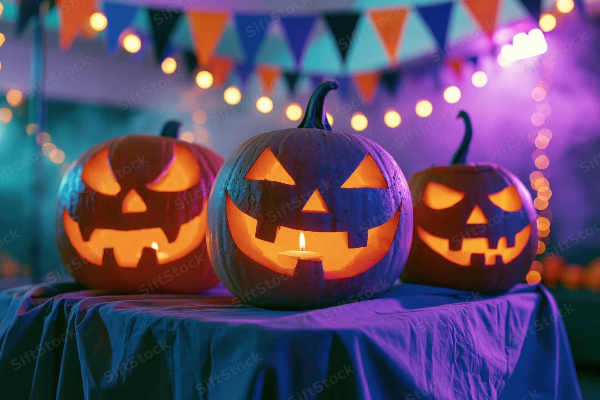 Three carved jack-o-lanterns glowing with candles on a table under colorful bunting and string lights