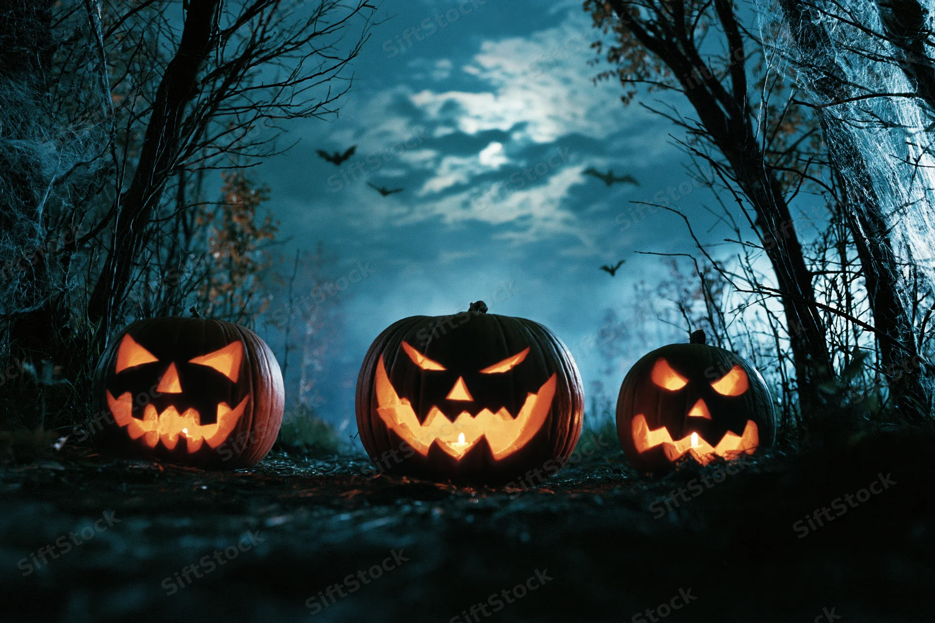 Three carved jack-o-lanterns glowing on a dark forest path at night
