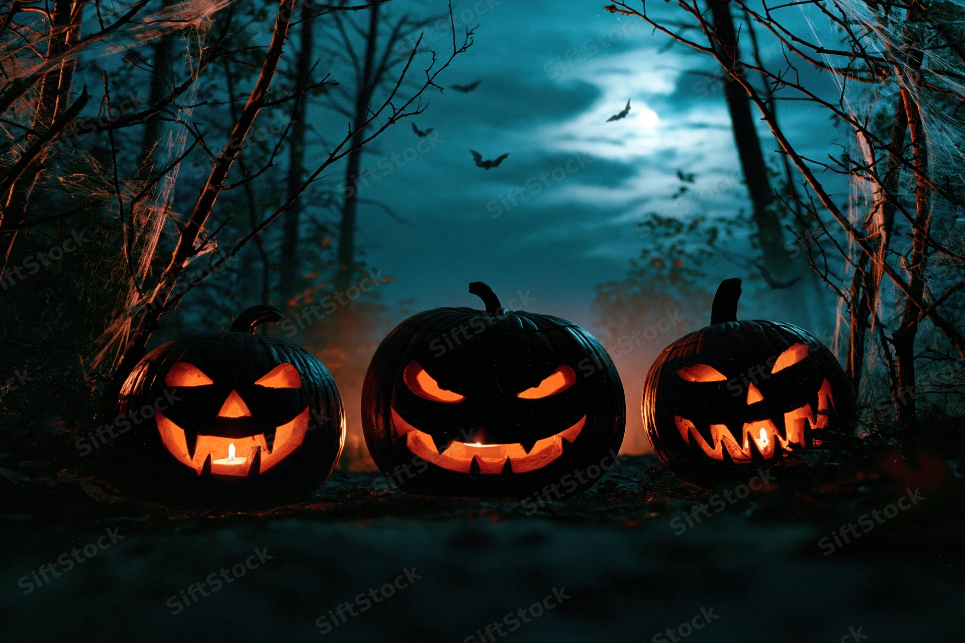 Three carved jack-o-lanterns glowing in a dark forest at night